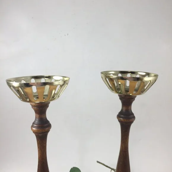 Retro Turned Wood and Metal Pair Candle Holders Votive Tall - Picture 4 of 10